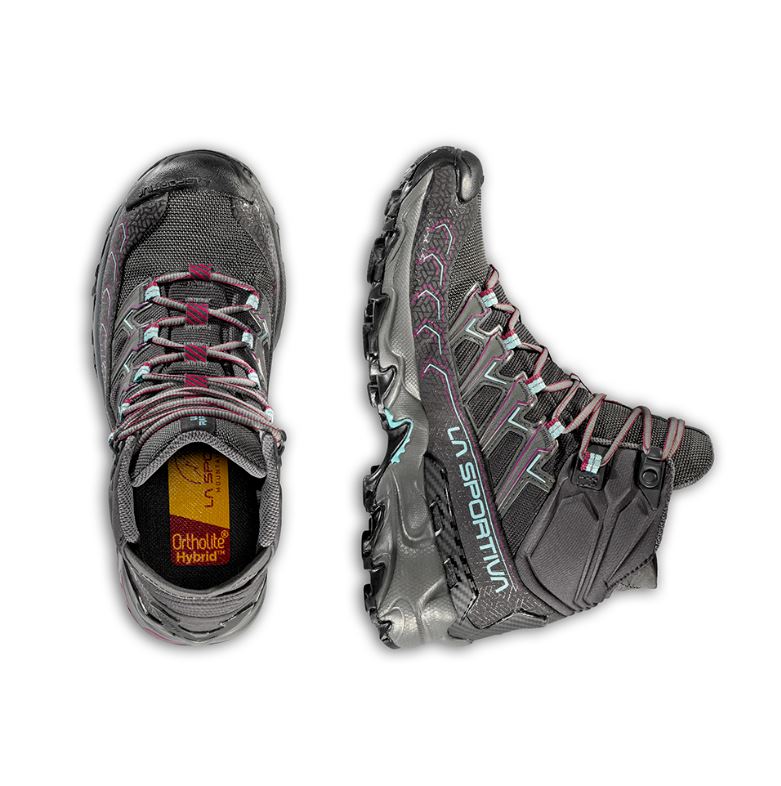 a photo of the la sportiva womens ultra raptor ii mid gtx hiking boot in the color carbon/iceberg, view of the top and the inside