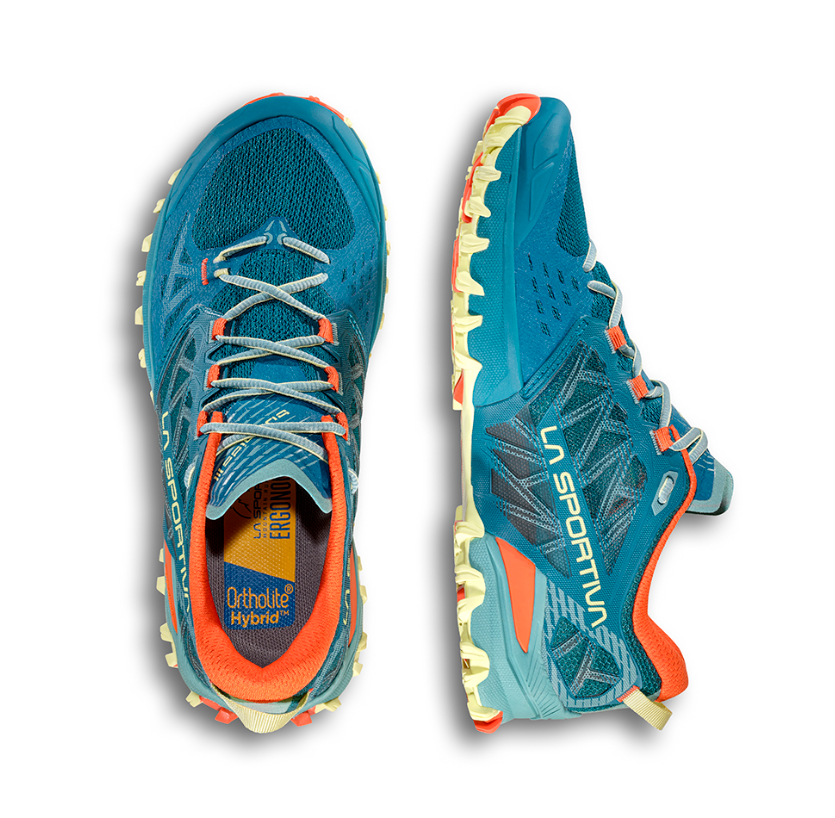 a photo of the la sportiva womens bushido three running shoe, view of the top and inside of the shoe