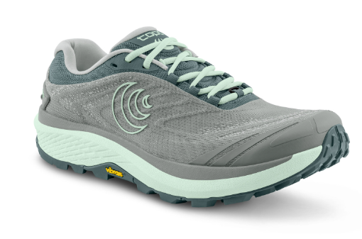the topo womens pursuit 2 shoe in color grey mint, 3/4 view
