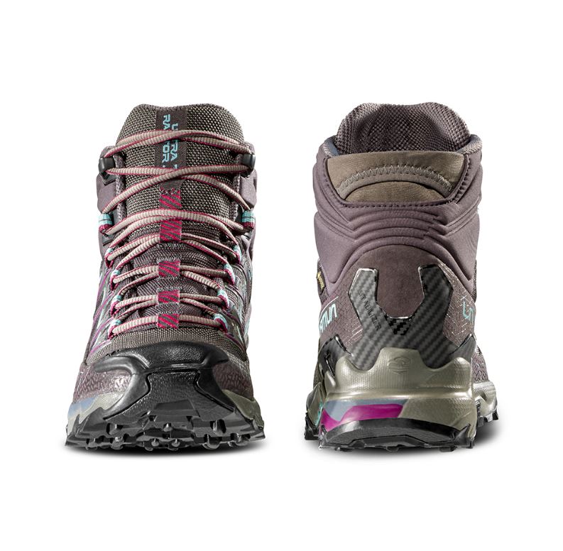 a photo of the la sportiva womens ultra raptor ii mid gtx hiking boot in the color carbon/iceberg, view of the front and the back