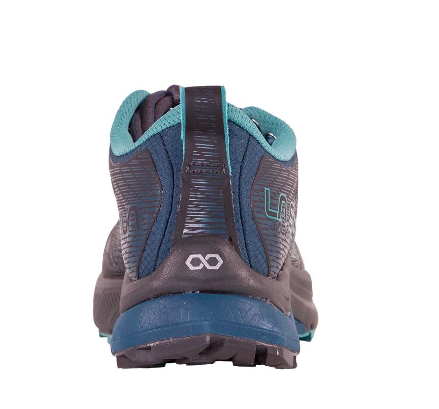 a photo of the la sportiva womens jackal 2 running shoe in the color carbon/lagoon, view of the heel