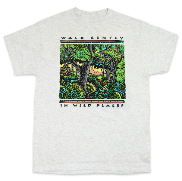 the liberty graphics walk gently adult tee in ash grey color