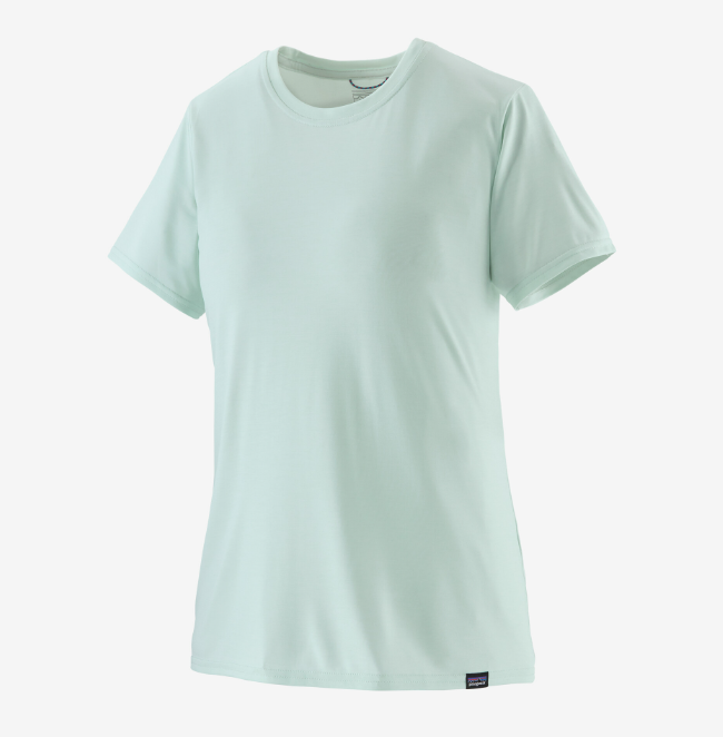 the patagonia womens capilene cool daily short sleeve shirt in the color whispy green, front view