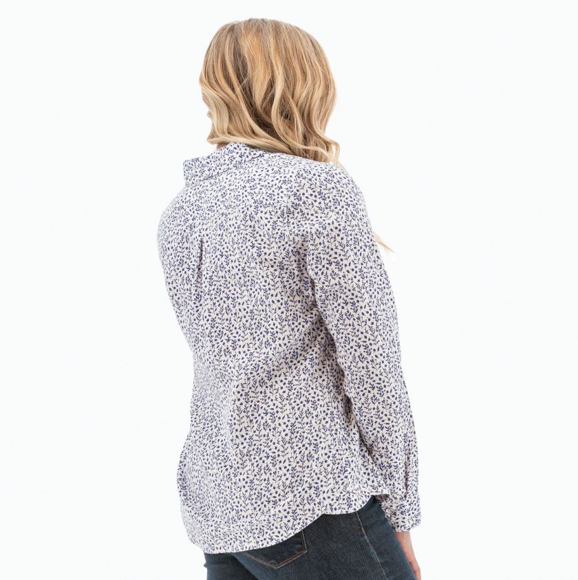 the old ranch womens elowen long sleeve shirt in the color white, side view on a model