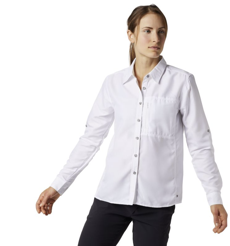 a model wearing the womens mountain hardwear canyon long sleeve shirt in the color white, front view