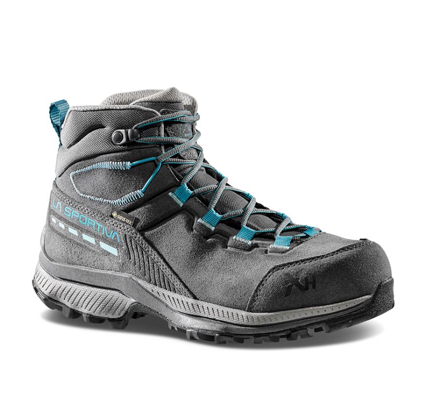a photo of the tx hike mid leather gtx womens from la sportiva in the color carbon/lagoon, three quarters view