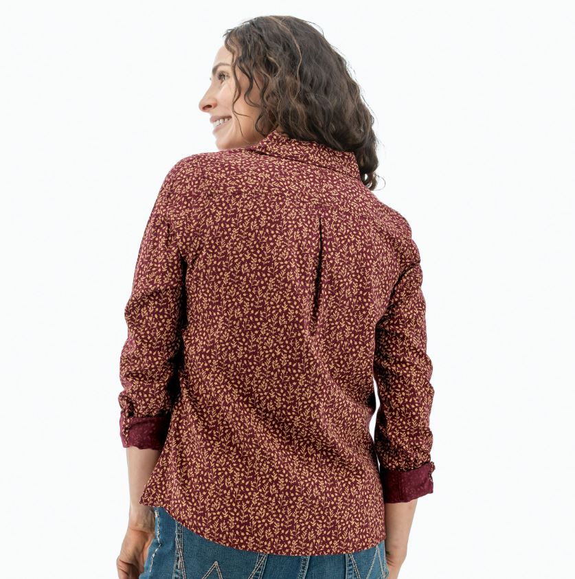 the old ranch womens elowen long sleeve shirt in the color zinfandel, back view on a model
