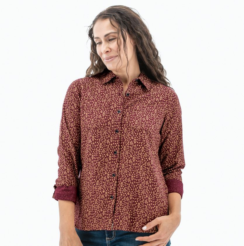 the old ranch womens elowen long sleeve shirt in the color zinfandel, front view on a model