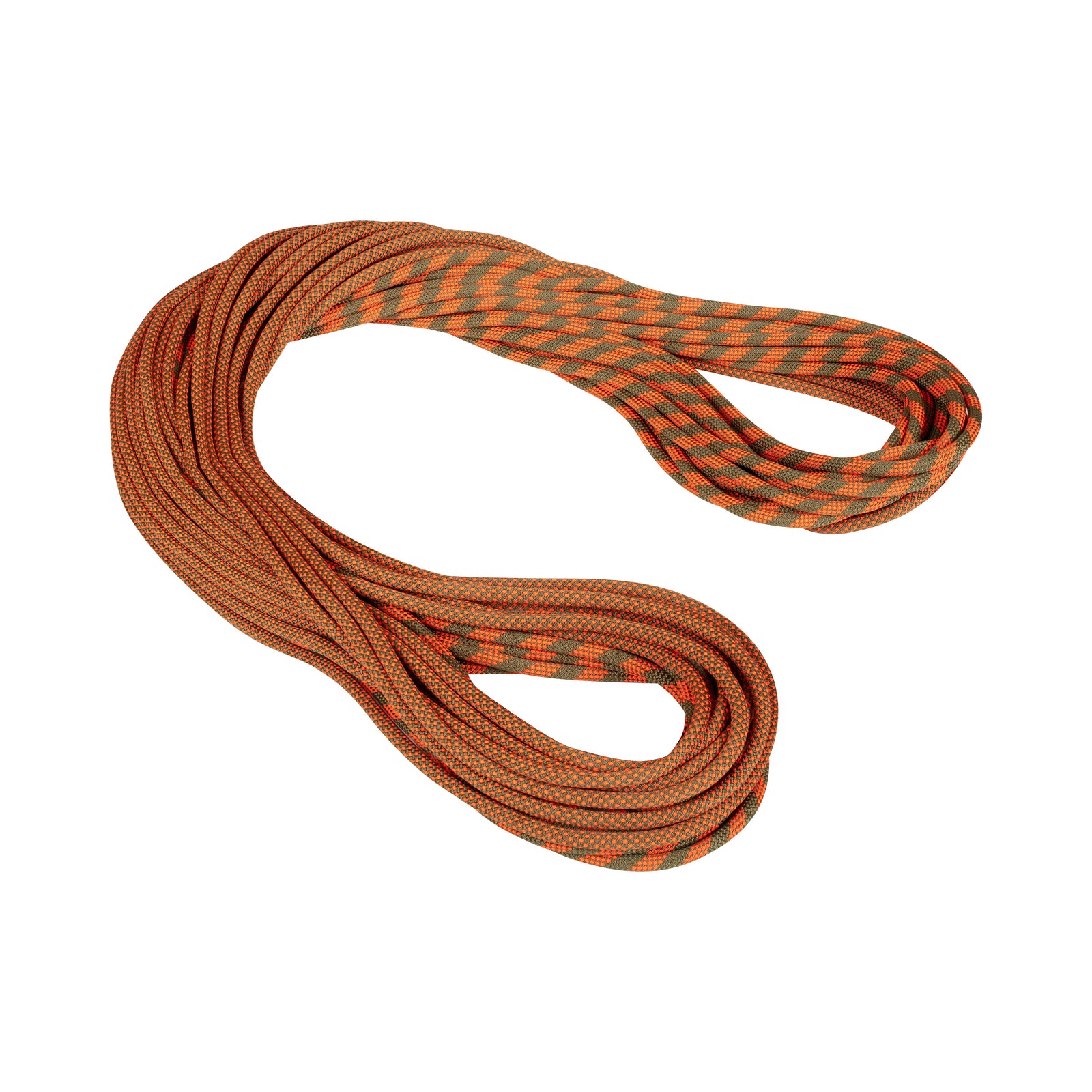 a coiled bi color crag rope in an orange green pattern