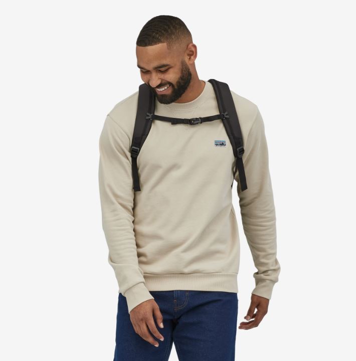 a photo of the patagonia refugio daypack 26 litres in the color black, front view on a model