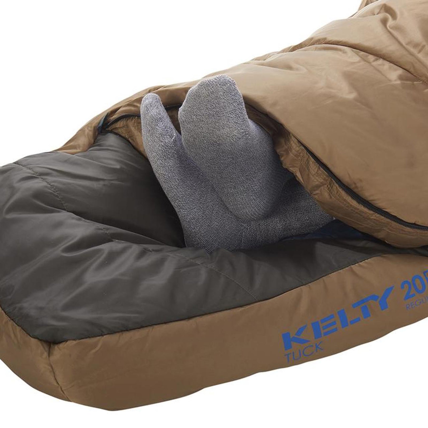 the bottom open with feet sticking out of the tuck 20 sleeping bag
