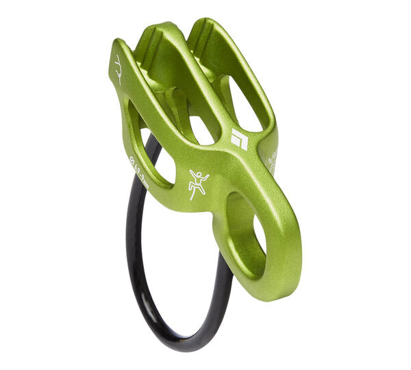 GREEN RAPPEL DEVICE MADE FOR THINNER ROPES AND EXTRA LOOP FOR TOP BELAYING CAPABILITY