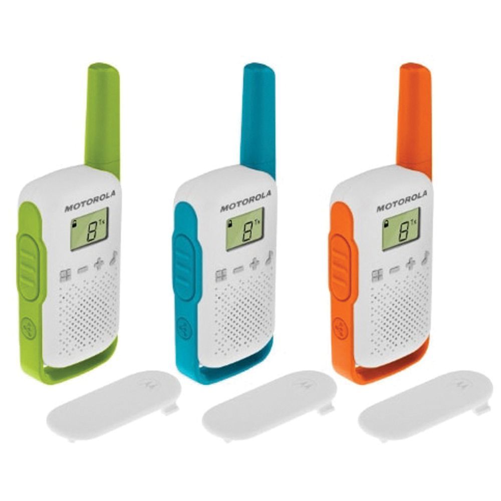 a trio of radios, one in green, one in blue, one in orange