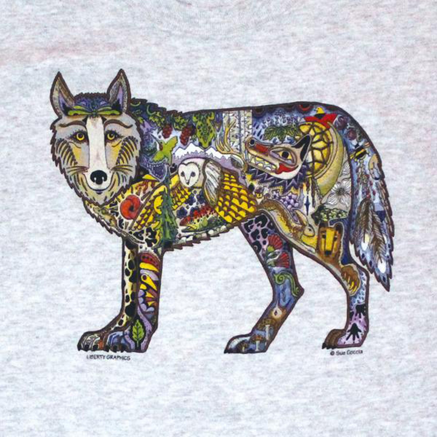 close up detail of the colorful wolf print