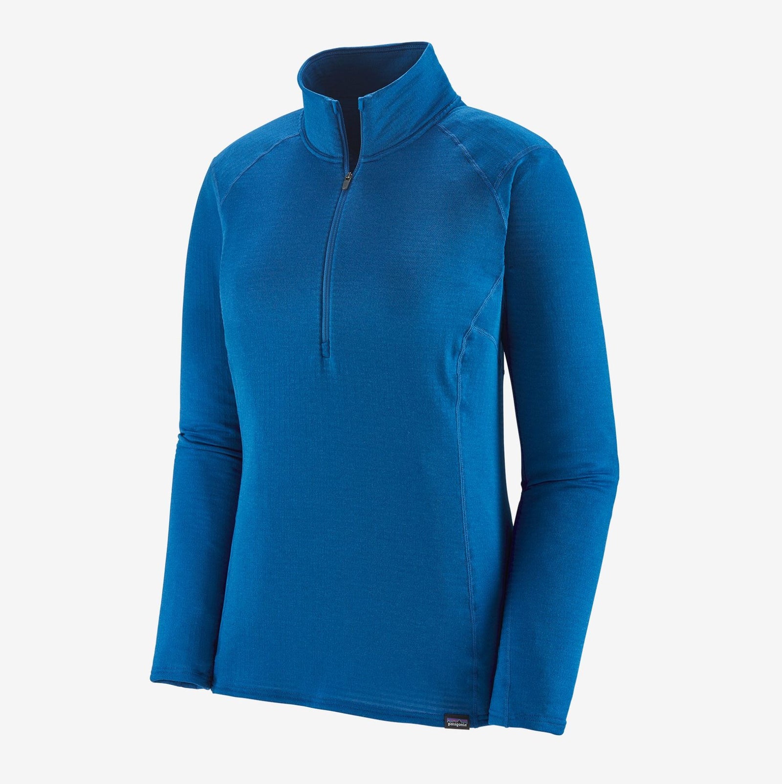 front view of the womens patagonia capilene thermal weight zip neck shirt in the color alpine blue light alpine blue x dye