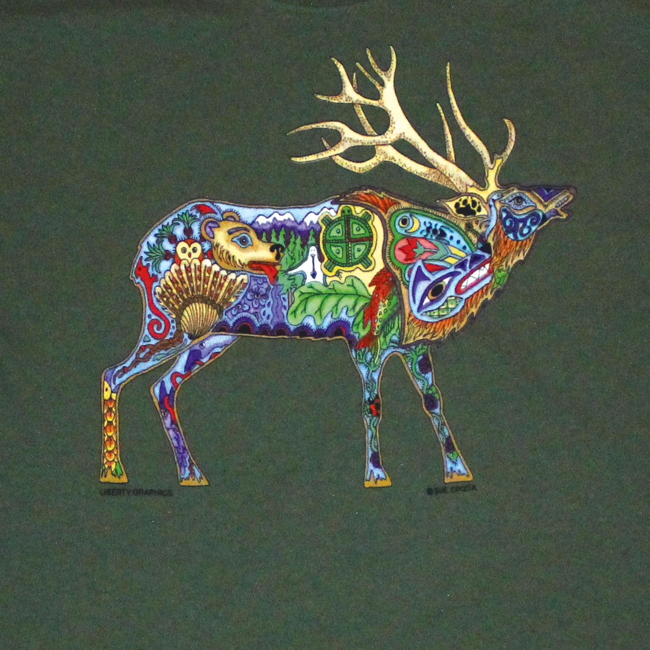close up of the elk print tee shirt from Liberty Graphics