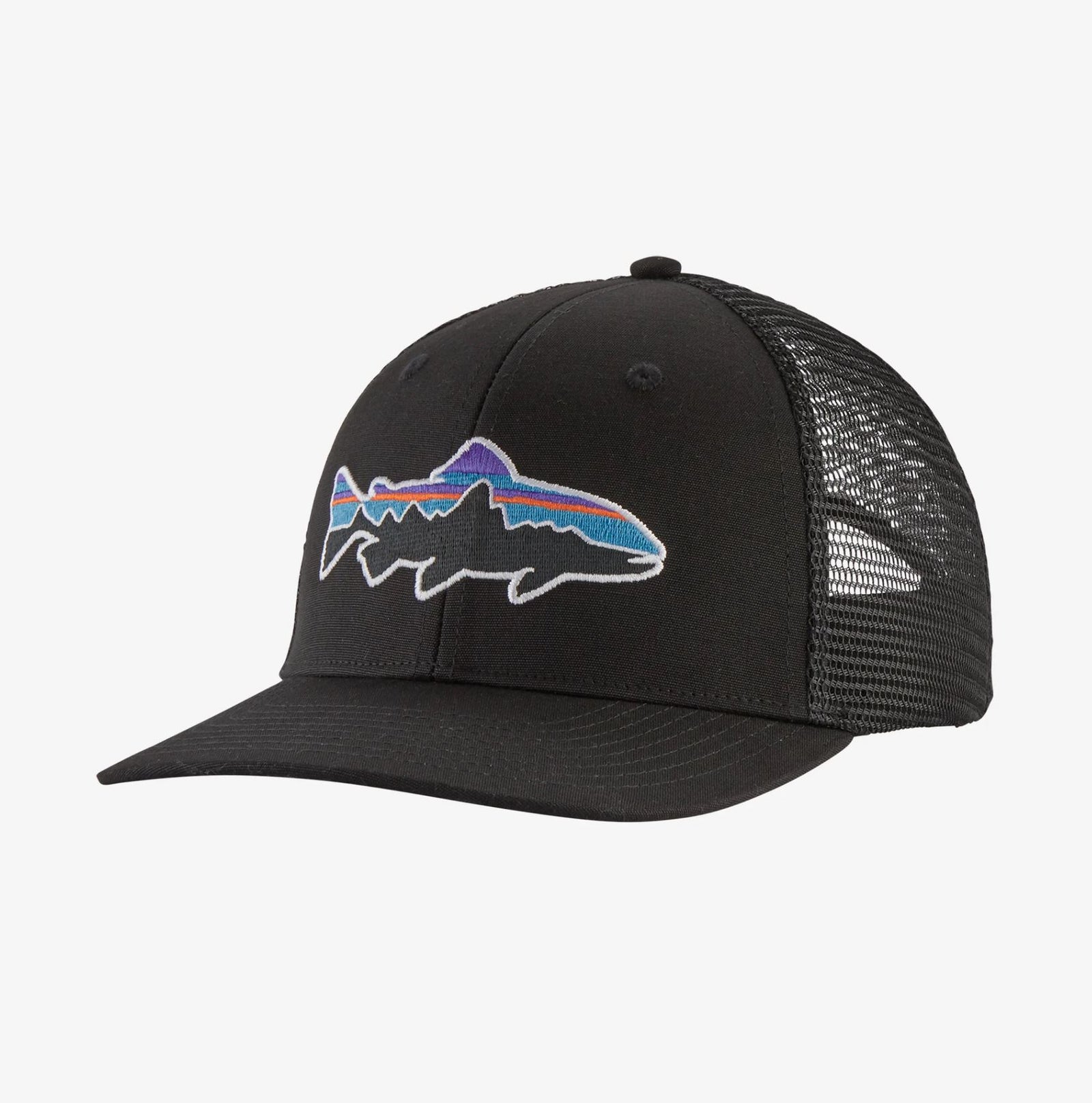 a photo of the patagonia fitz roy trout trucker in the color black