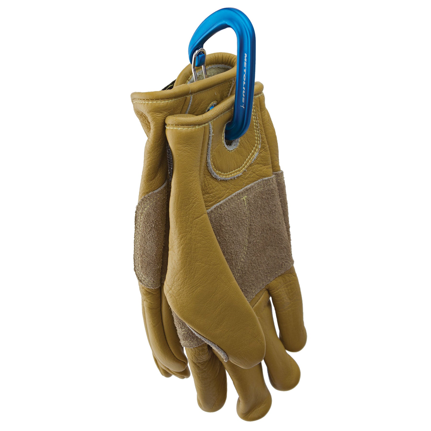 Belay gloves hanging from a carabiner, metolius
