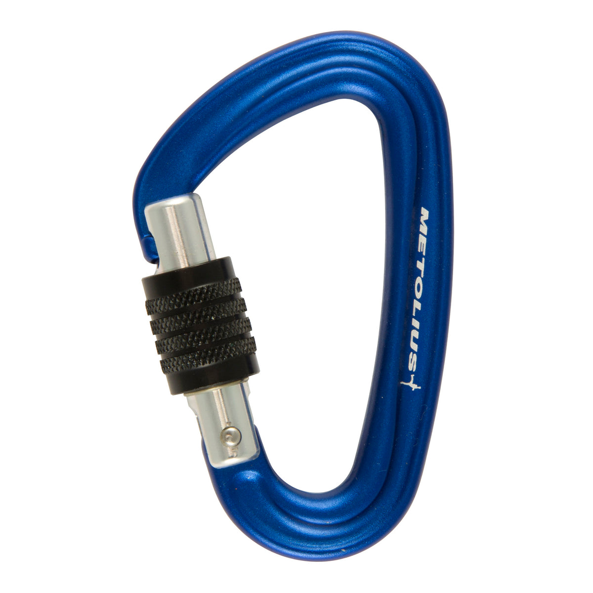 a photo of the metolius locking bravo carabiner, in blue