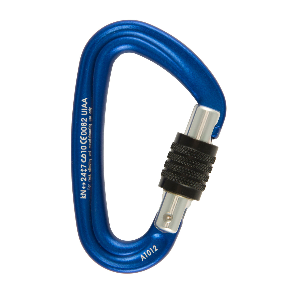 a photo of the metolius locking bravo carabiner, in blue