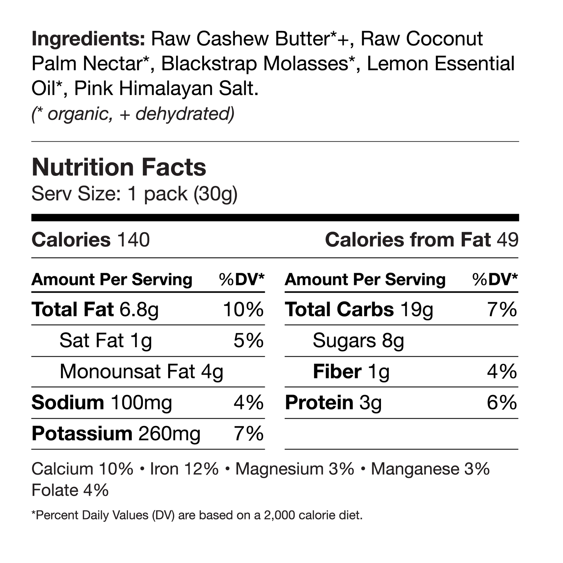 the nutrition facts panel, showing 140 calories per serving
