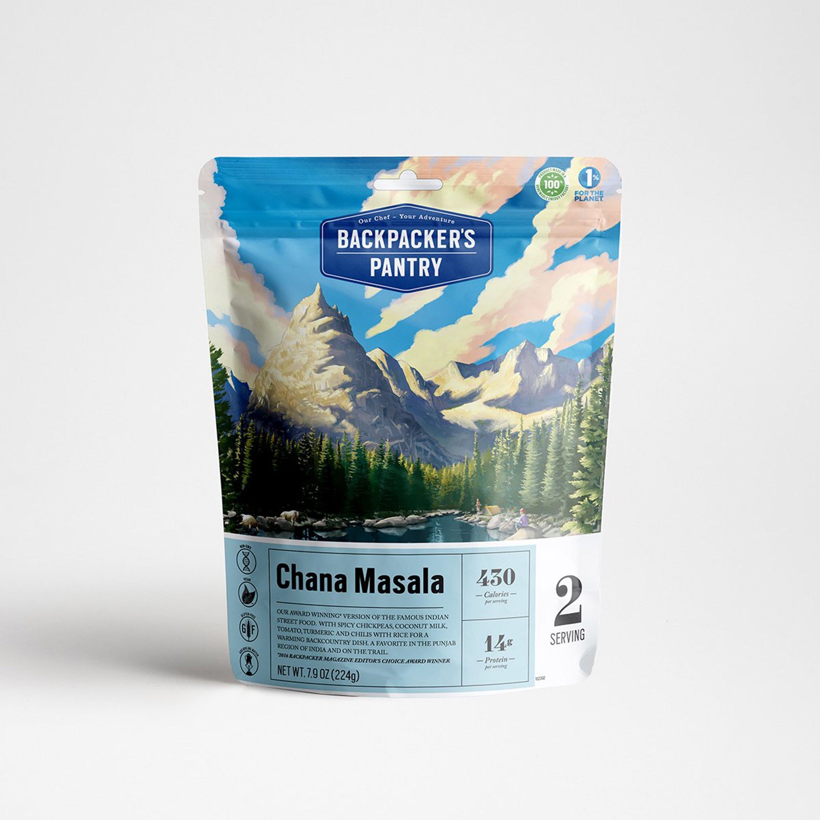 A photo of Backpackers Pantry Chana Masala packaging, the front of the package