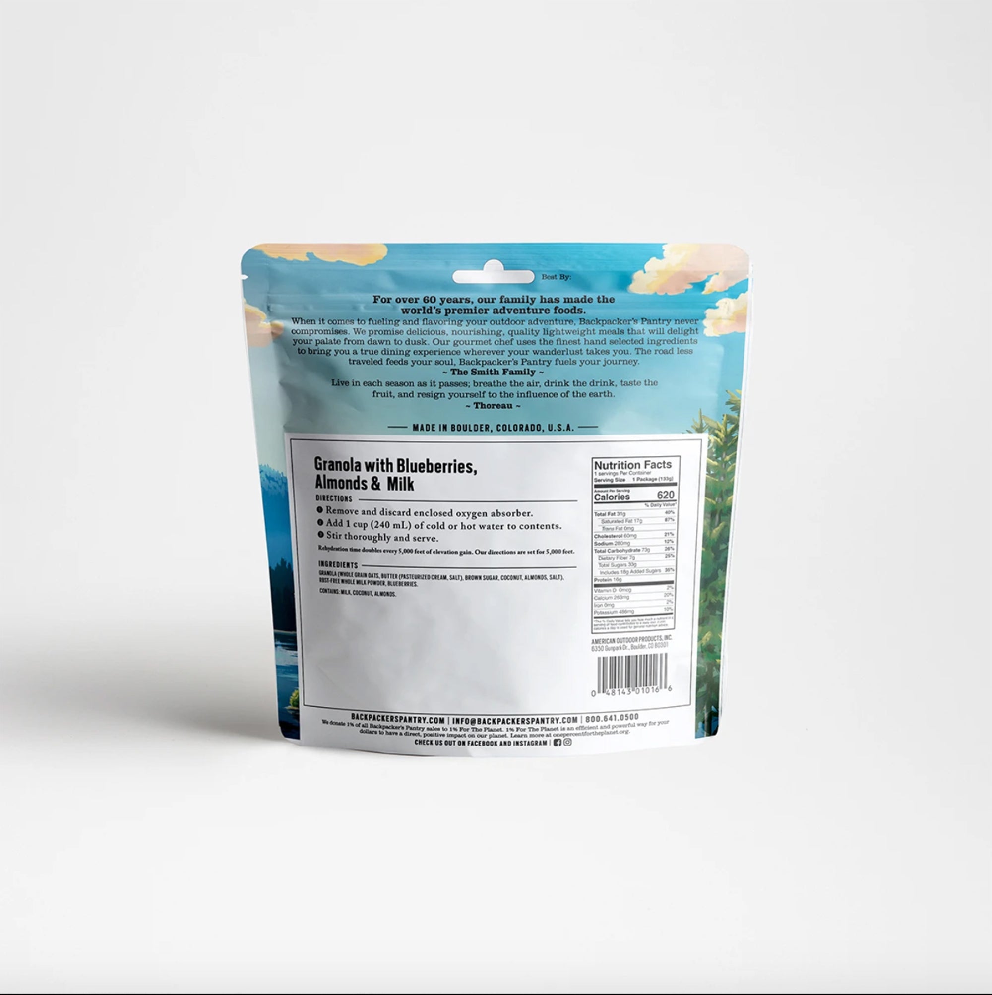A photo of the back of the package of Backpackers Pantry Granola with Blueberries