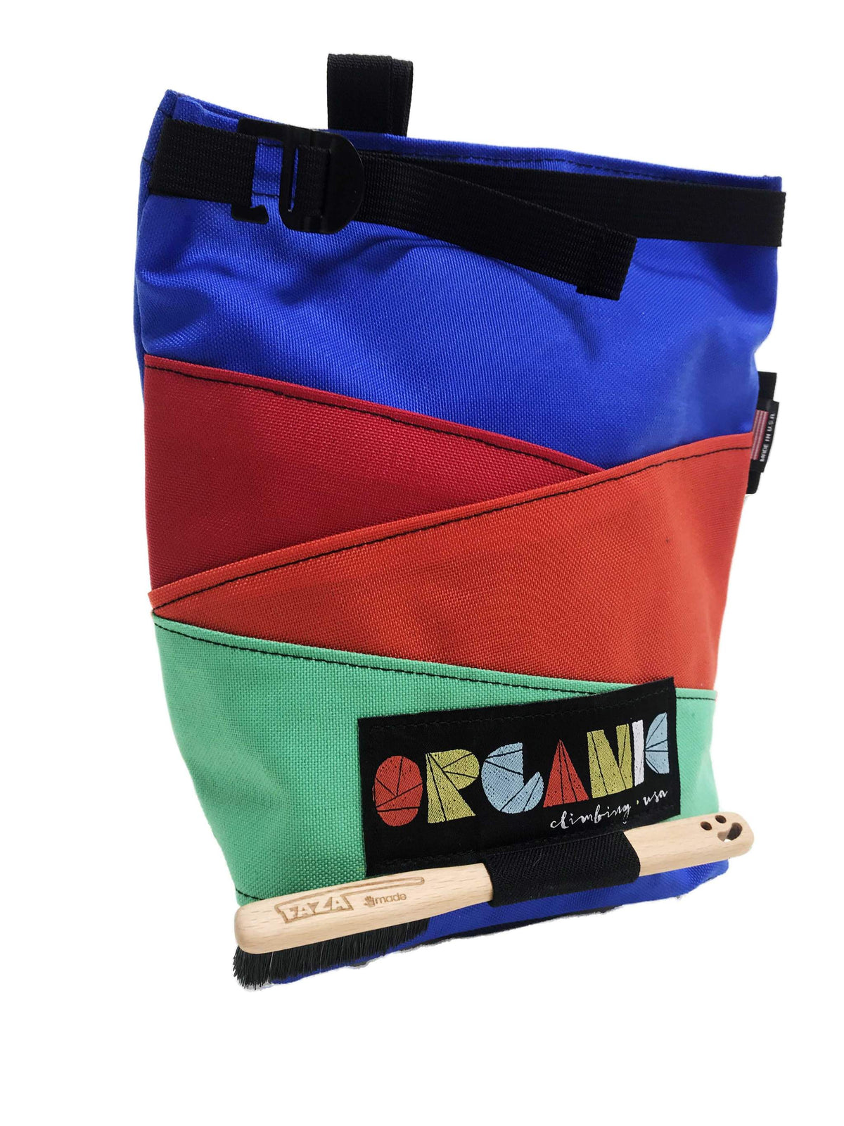 an organic lunch box chalk bag in blue, red and lime green