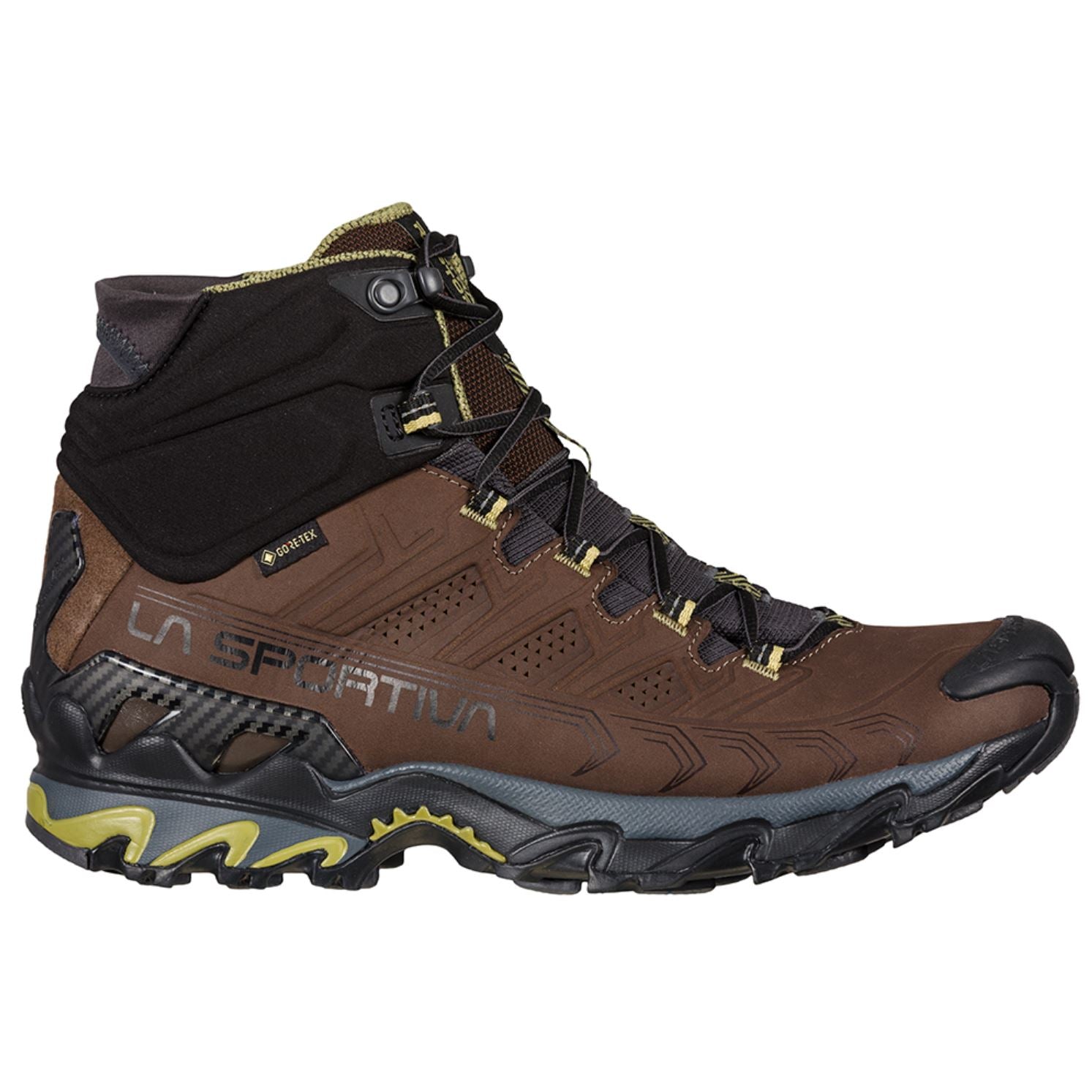 a side view of the la sportiva mens ultra raptor 2 mid leather goretex boot in chocolate/cedar