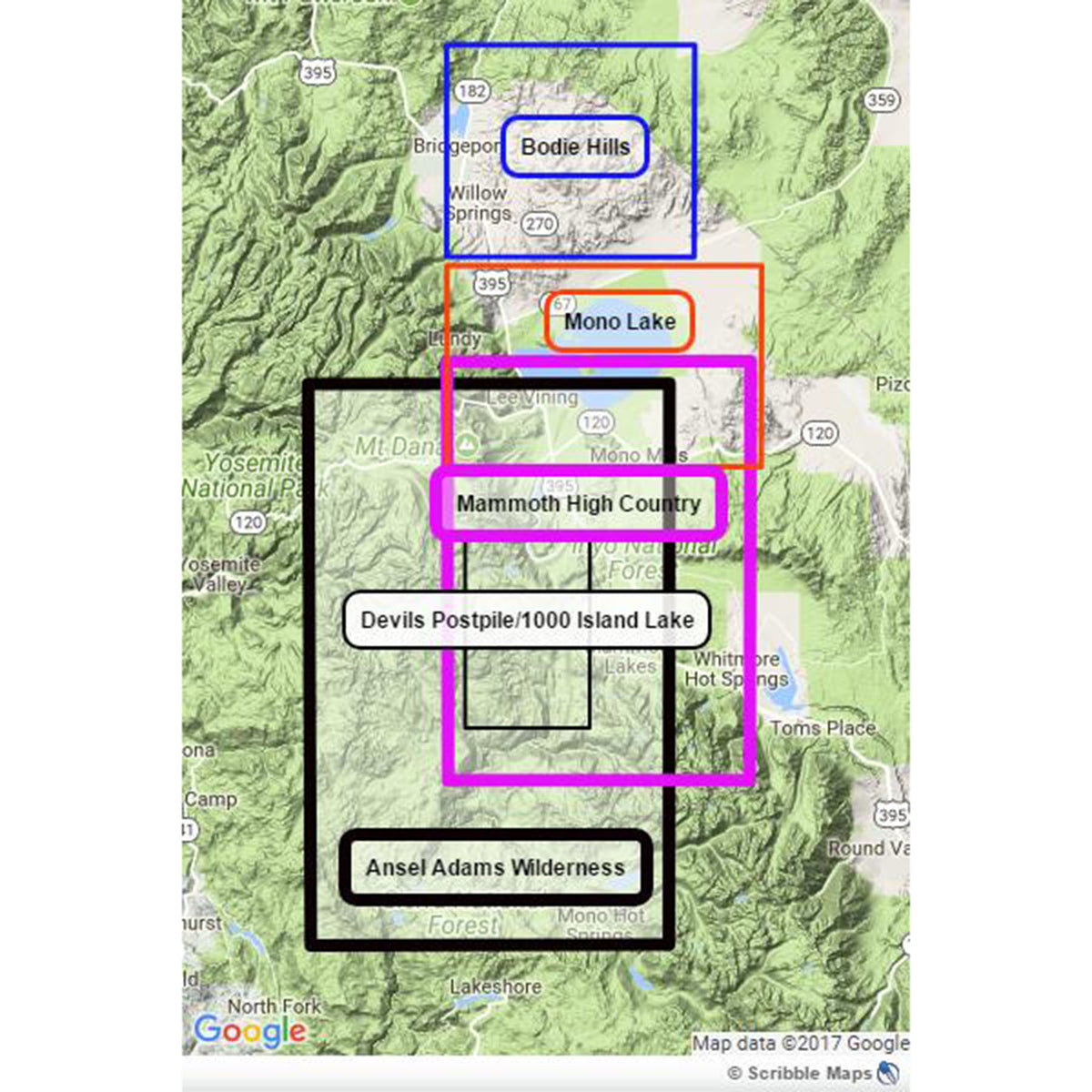 mono lake area map showing adjacent titles