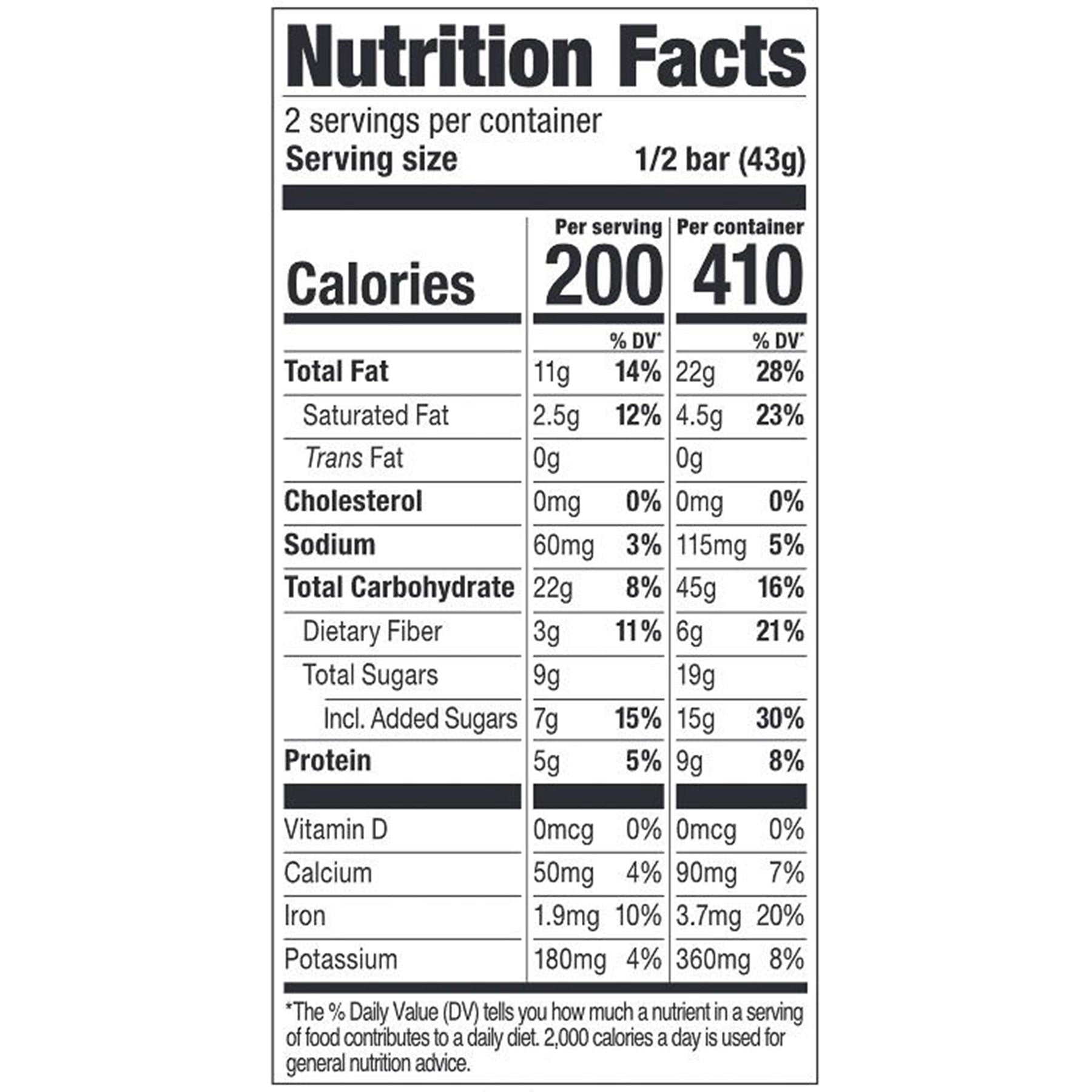 The nutrition facts panel from the oatmeal chocolate chip pro bar