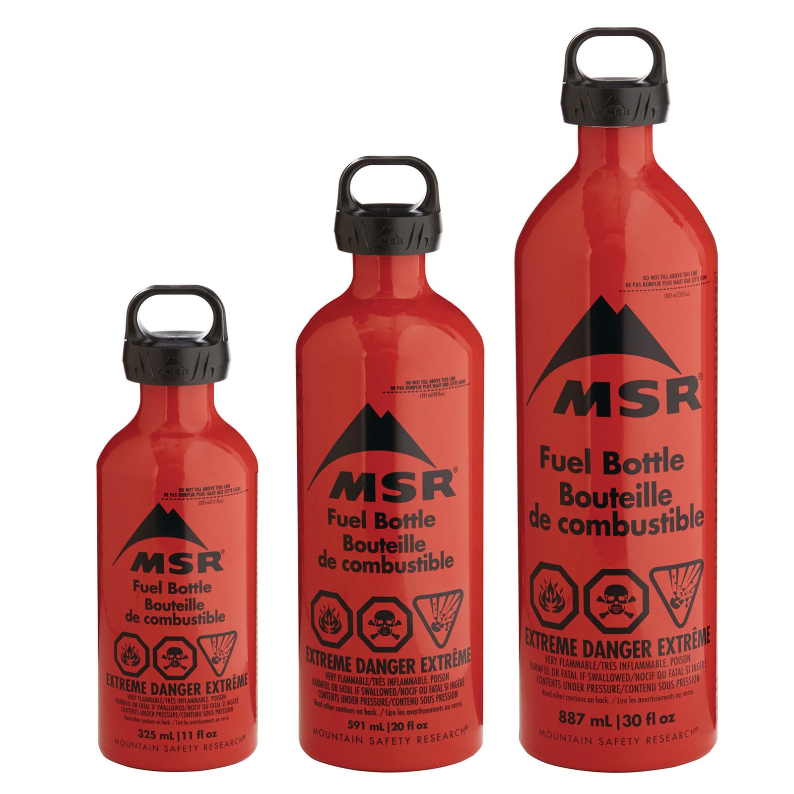 a three sizes of msr fuel bottles