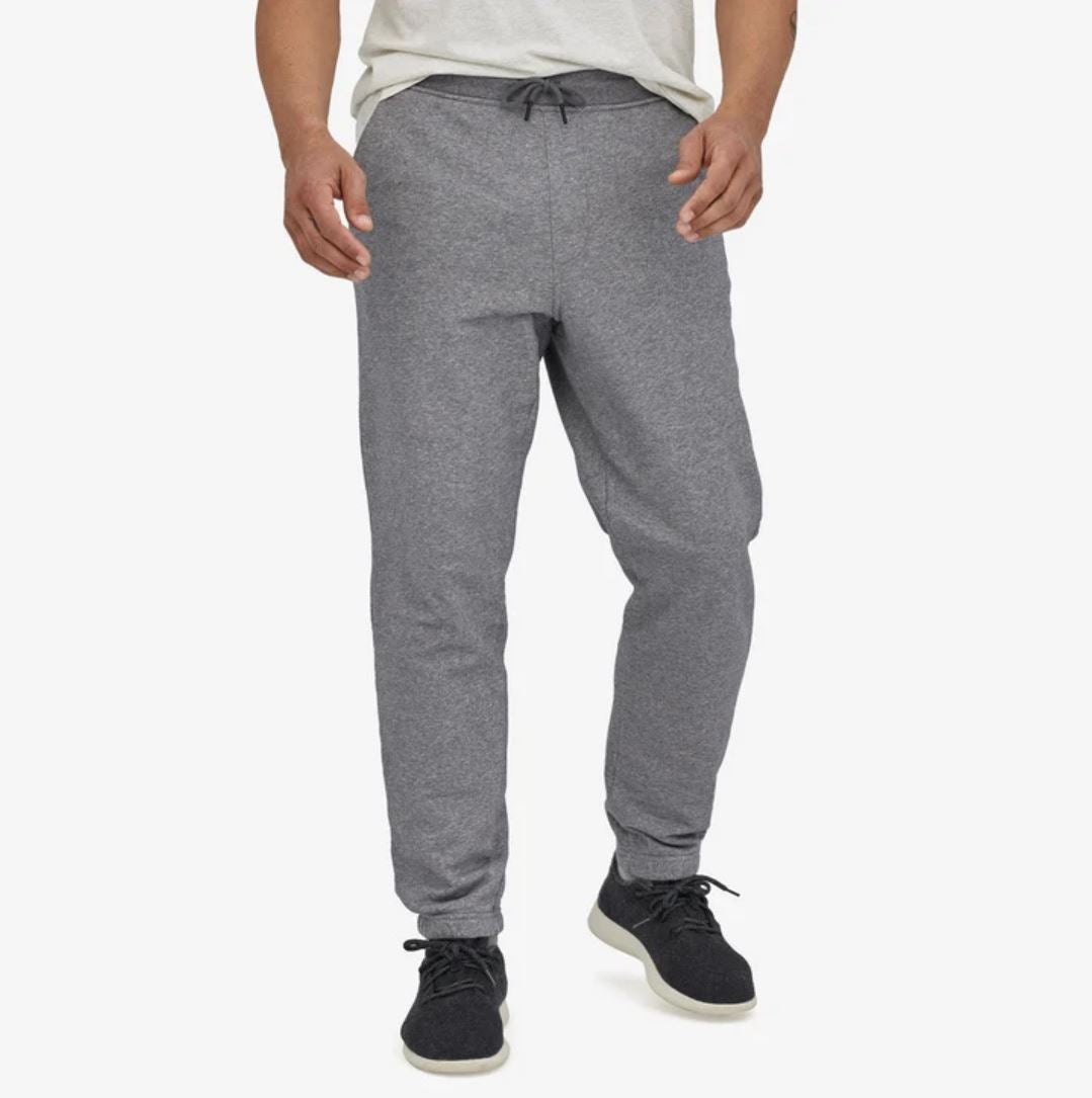 patagonia mens mahnya pants in noble grey front view on a model