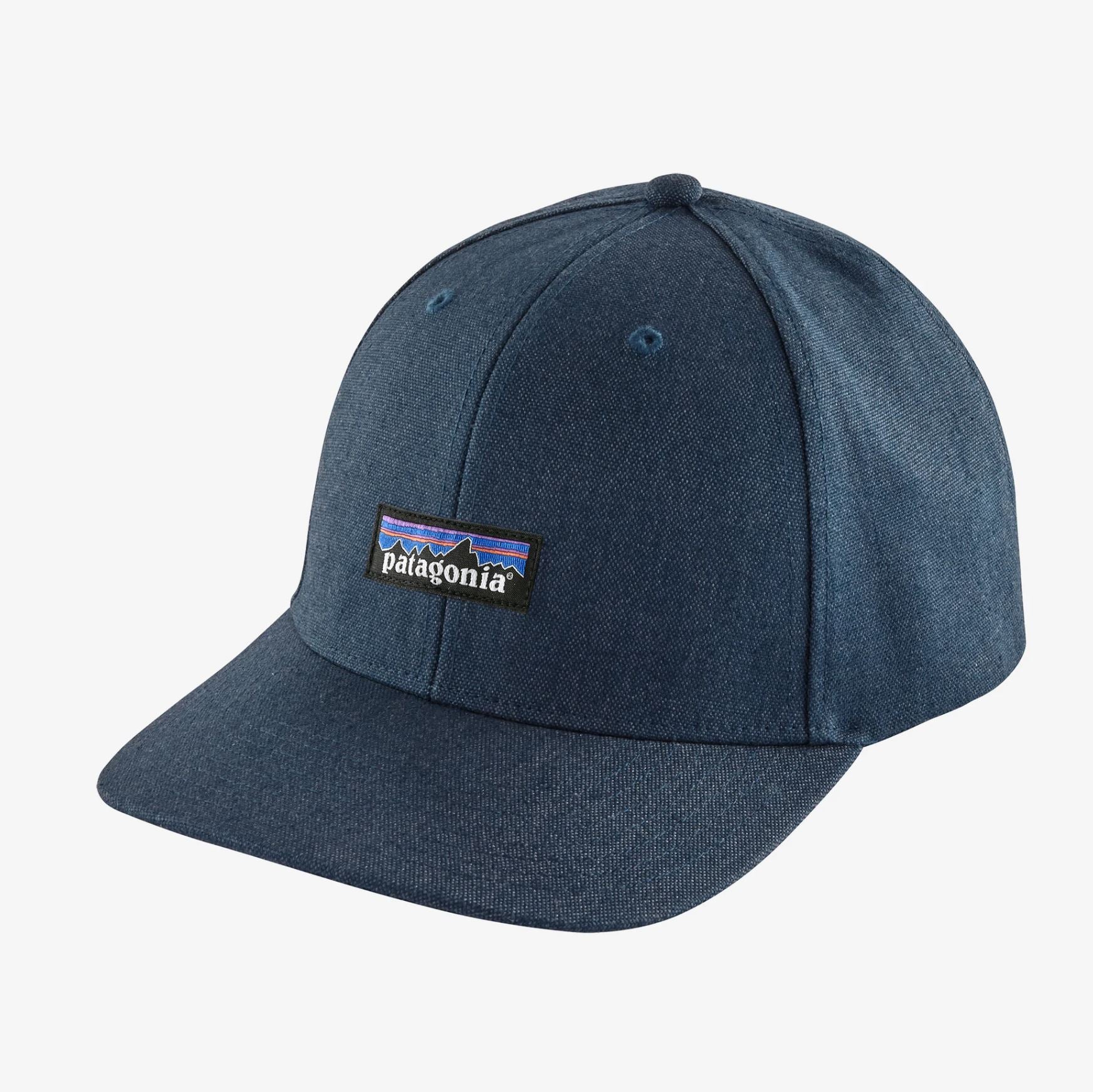 front view of the patagonia tin shed hat in the color p6 logo: stone blue