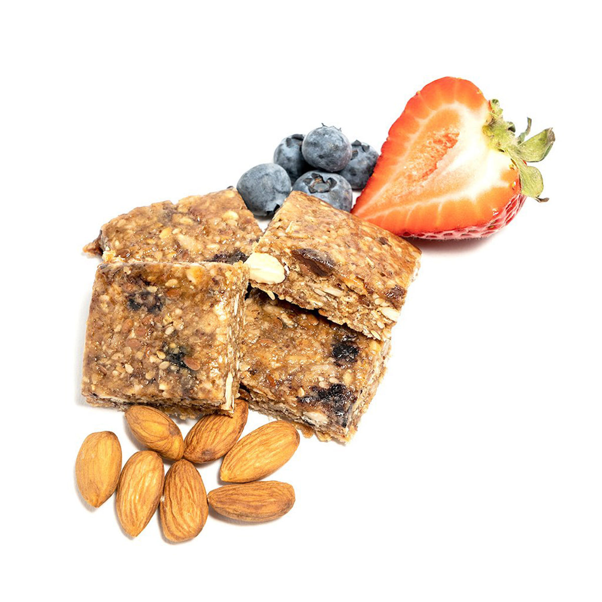 sample pieces of whole berry blast with some raw ingredients such as half a strawberry and some blue berries