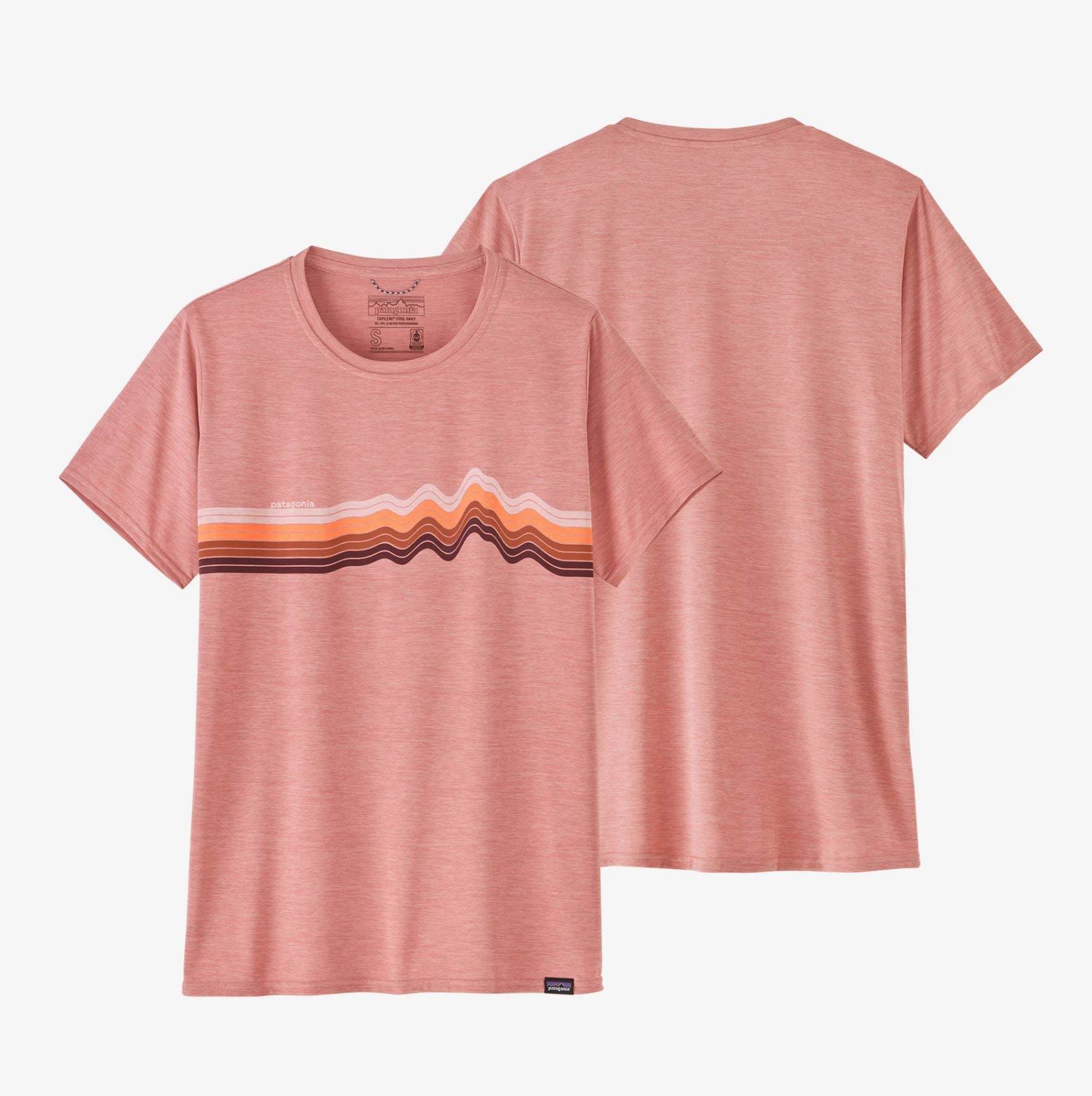 a front and back photo of the patagonia womens capilene cool daily graphic shirt in the color ridge rise stripe: sunfade pink x dye 