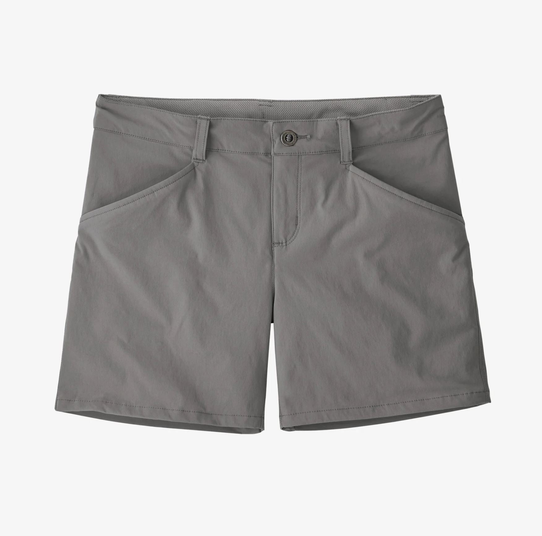 front view of the womens patagonia quandary shorts 5 inch inseam in the color salt grey