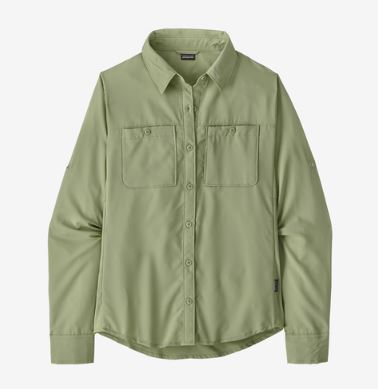 patagonia womens self guided hike long sleeve shirt in the color salvia green, front view