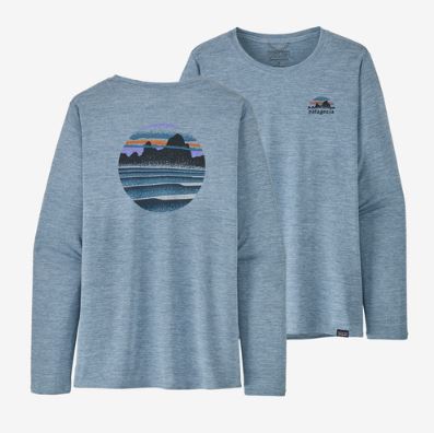 patagonia womens long sleeved capilene cool daily graphic shirt in skyline stencil: steam blue x dye, front view