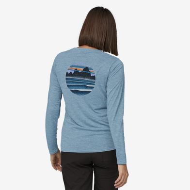 patagonia womens long sleeved capilene cool daily graphic shirt in skyline stencil: steam blue x dye, back view on a model