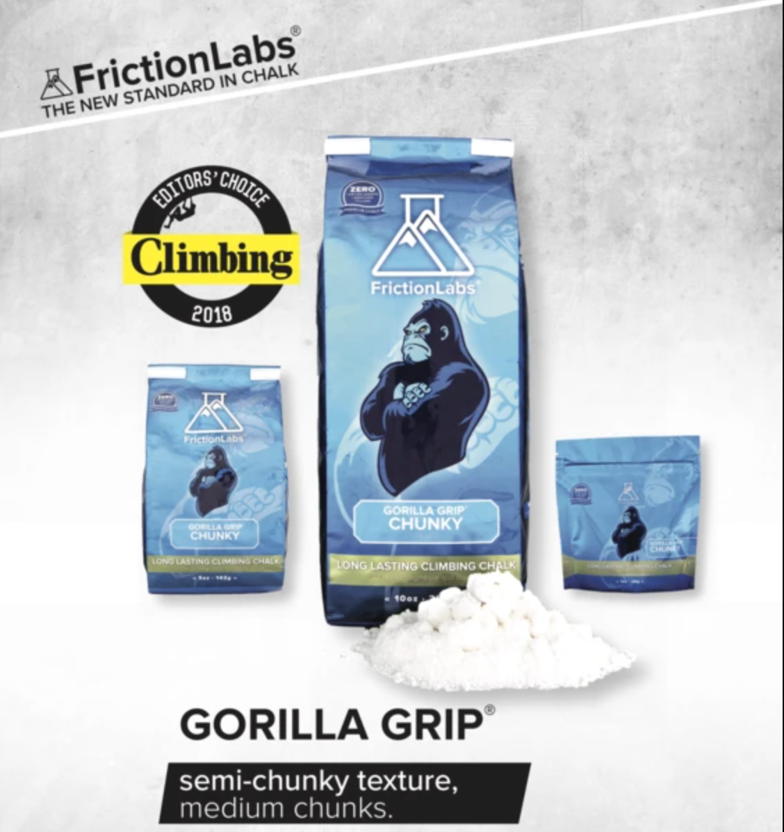 friction labs gorilla grip chalk small, medium and large bag product photo with description
