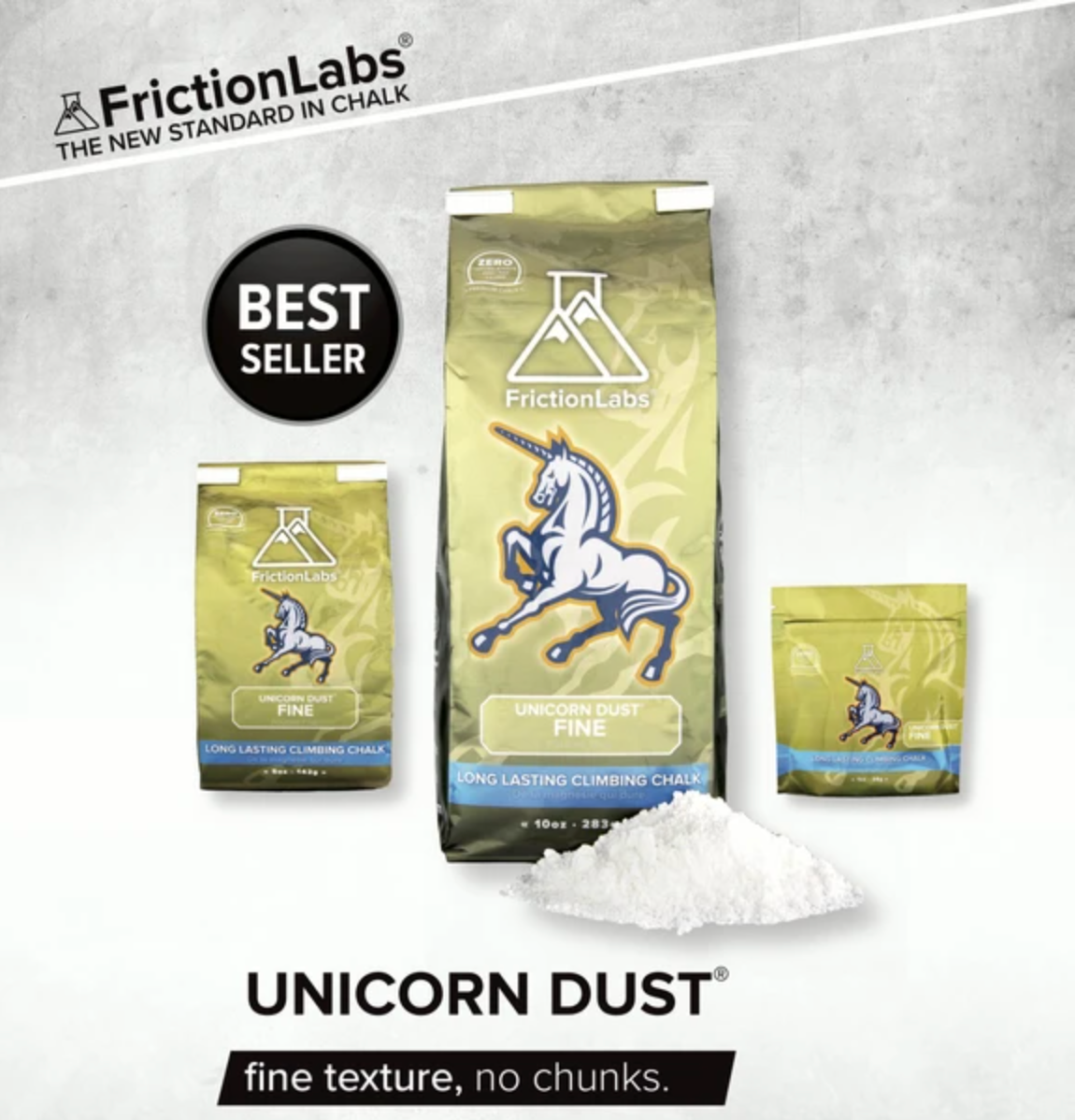 friction labs unicorn dust chalk small medium and large bag with product description 