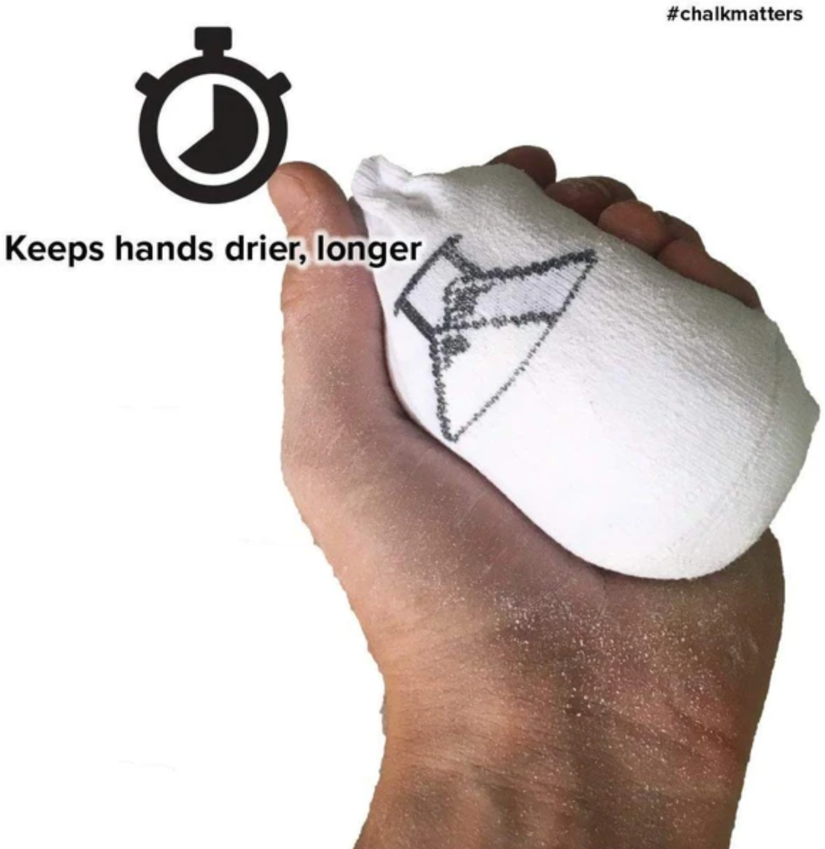 friction labs chalk bag in hand with description "keeps hands drier, longer"