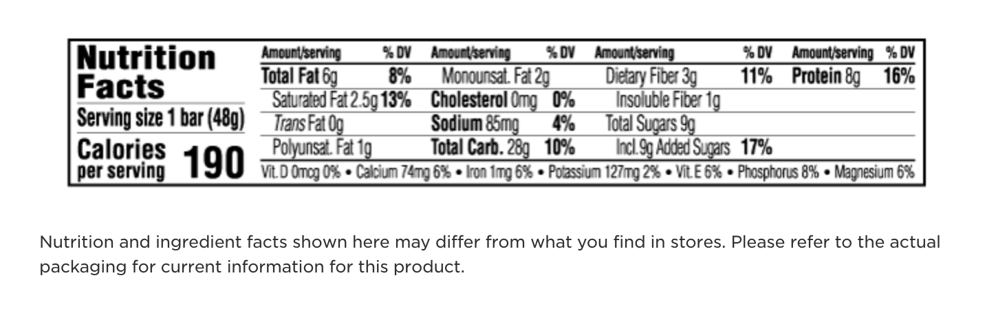 luna bar nutrition facts