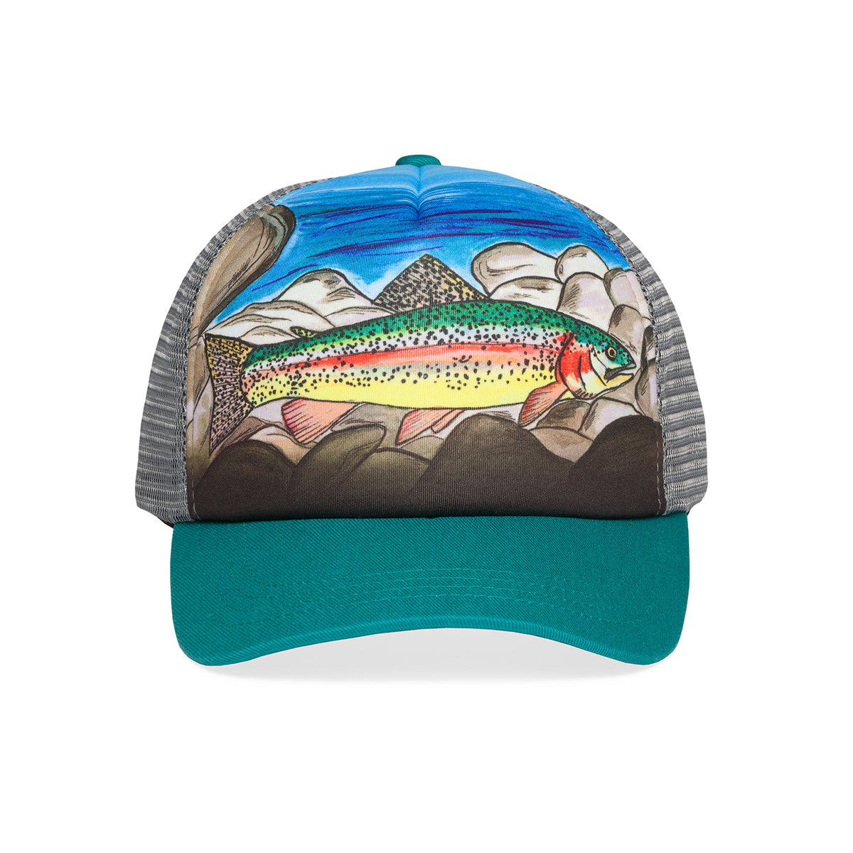 a photo of the front sunday afternoons kids rainbow trout trucker cap