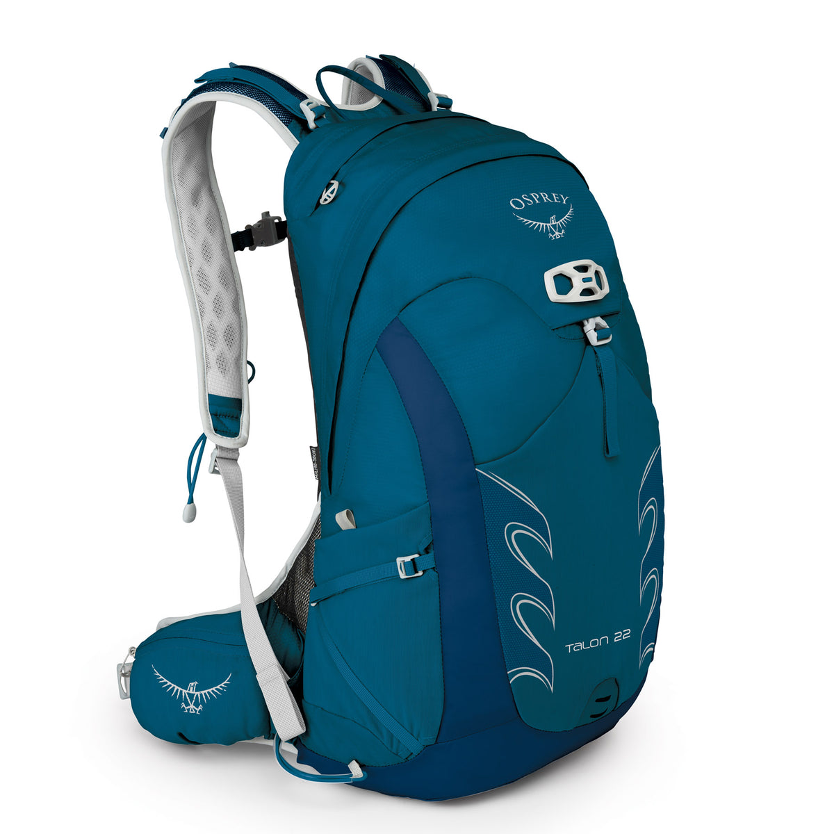 Men&#39;s Talon 22 Pack in Blue showing helmet holding clip, mesh water bottle side pockets, and a convenient mesh front pocket for quick-access items.