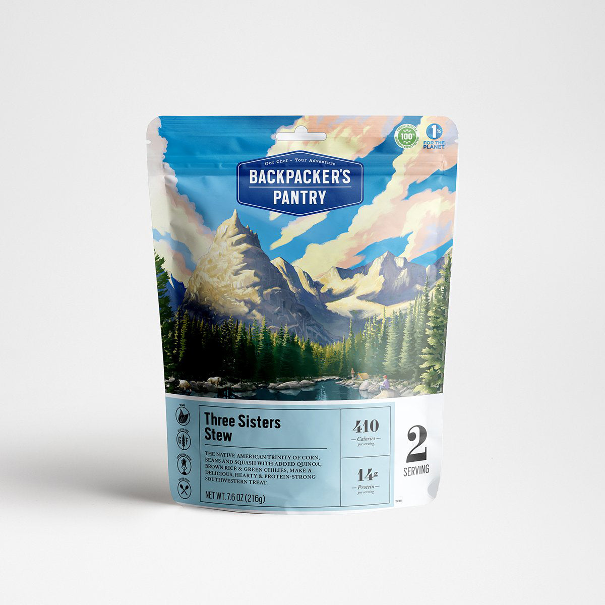A photo of Backpackers Pantry Three sisters stew packaging, the front of the package