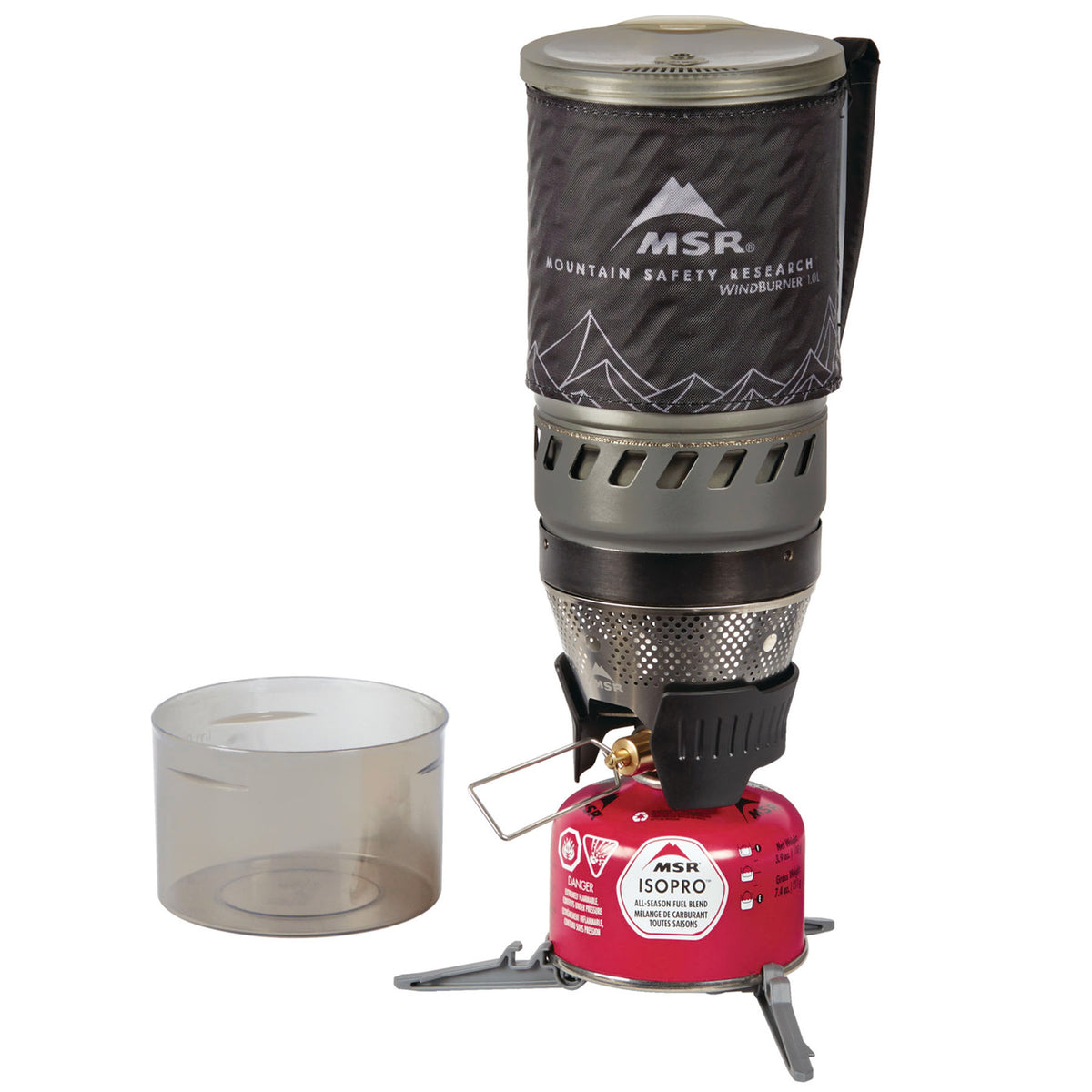 the msr windburner stove set up with the pot on it and a fuel canister, not included
