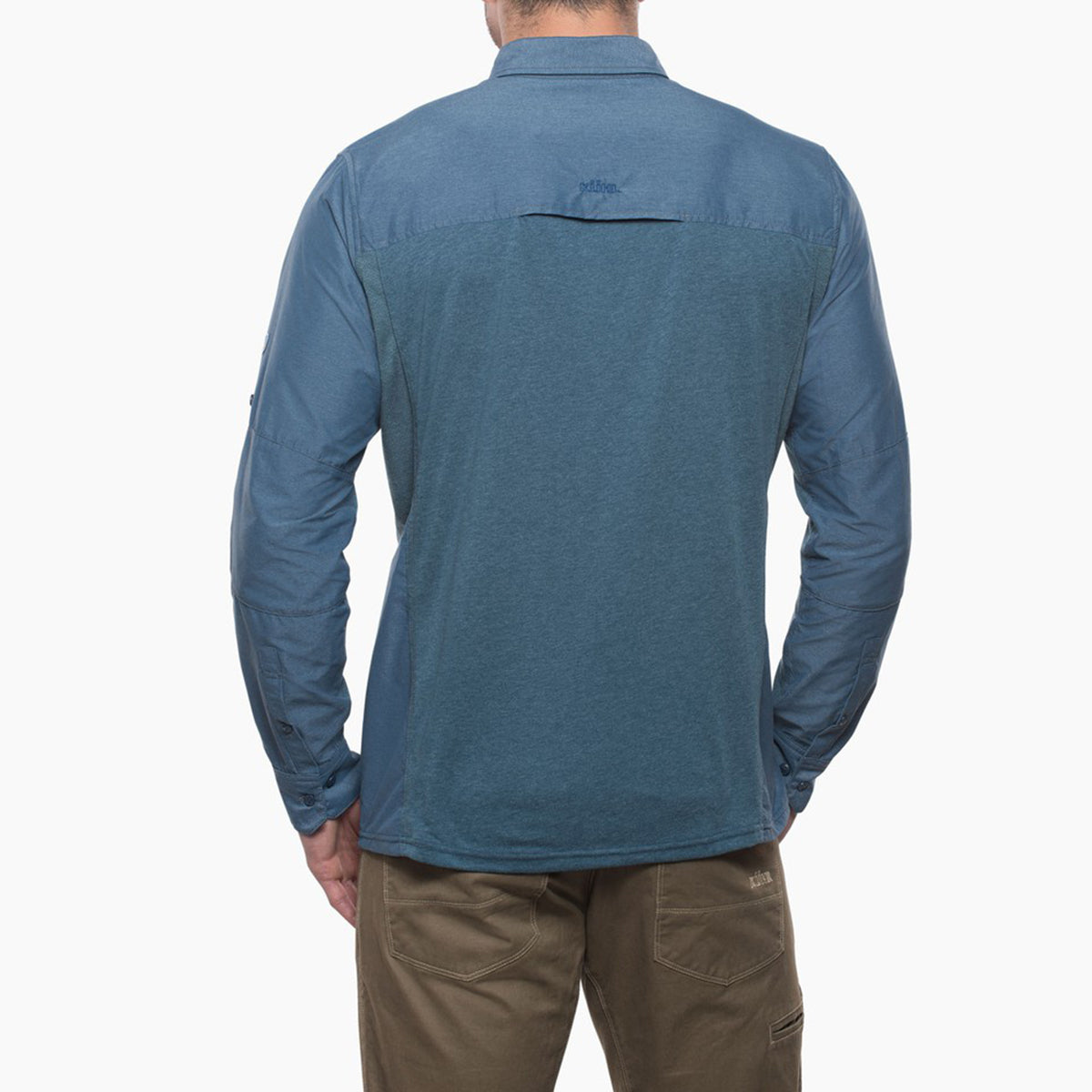 kuhl airspeed sun shirt mens on model back view in color blue
