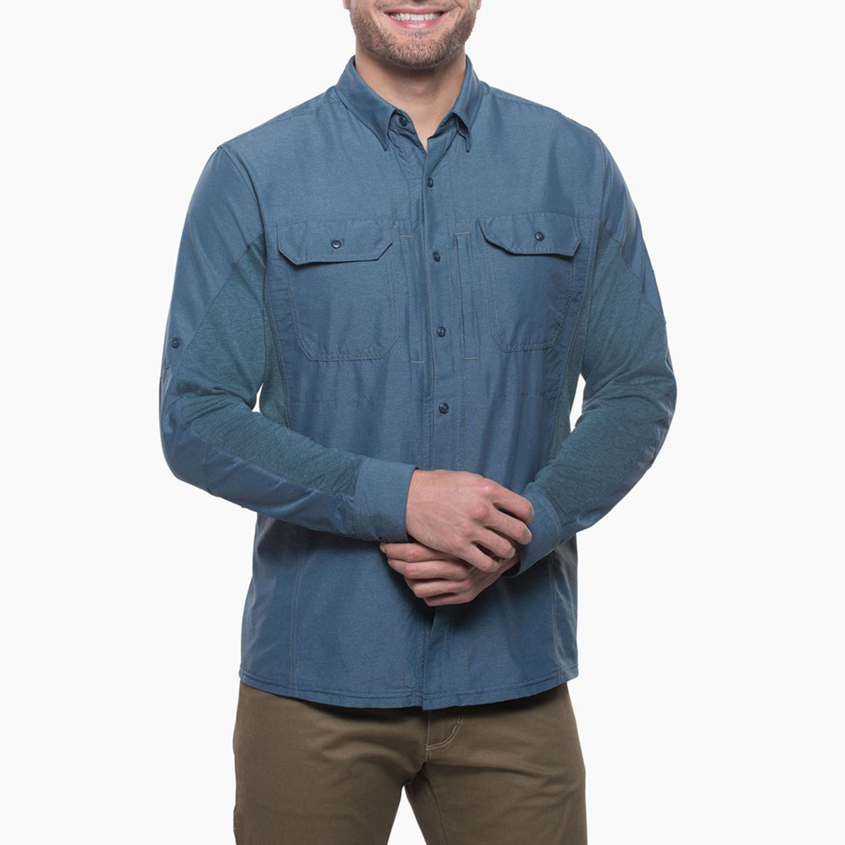 kuhl airspeed sun shirt mens on model front view in color blue